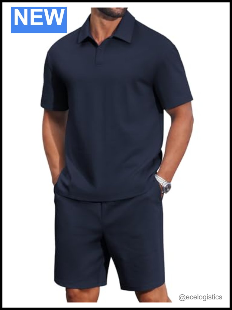 Men's 2 Piece Outfit Cotton Short Sleeve Polo Shirt And Shorts Set Loose Fit